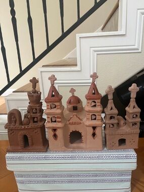 Set 3 Vintage Mexico Pottery terracotta clay church cathedral cross bell